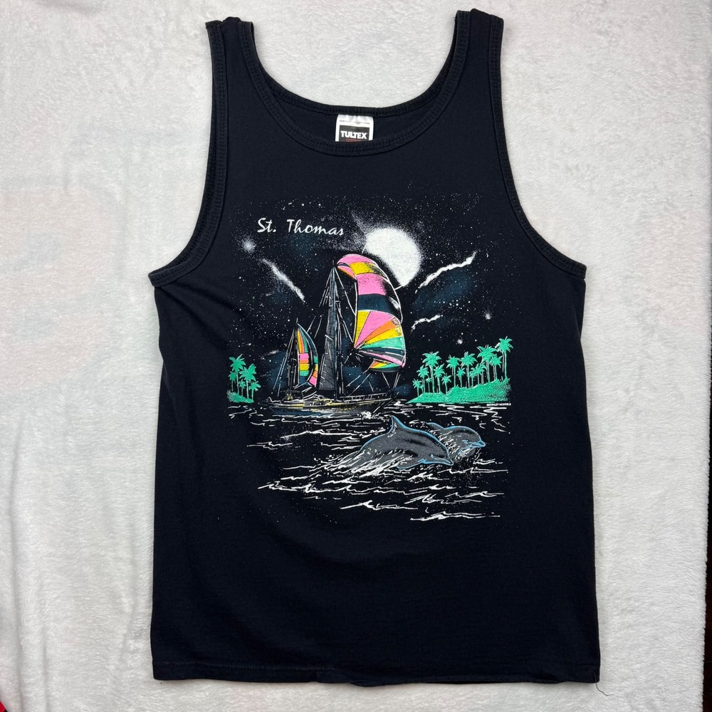 Vintage 90's Tultex St Thomas Tank Top Mens Medium Black Sailboat Dolphin Neon